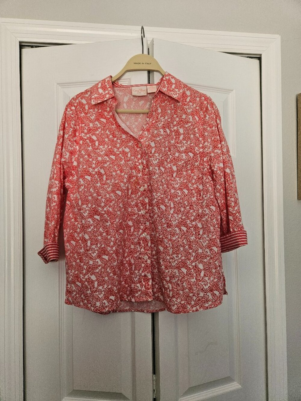 Petite Long-Sleeved Red and White Button-Down Bohemian Shirt